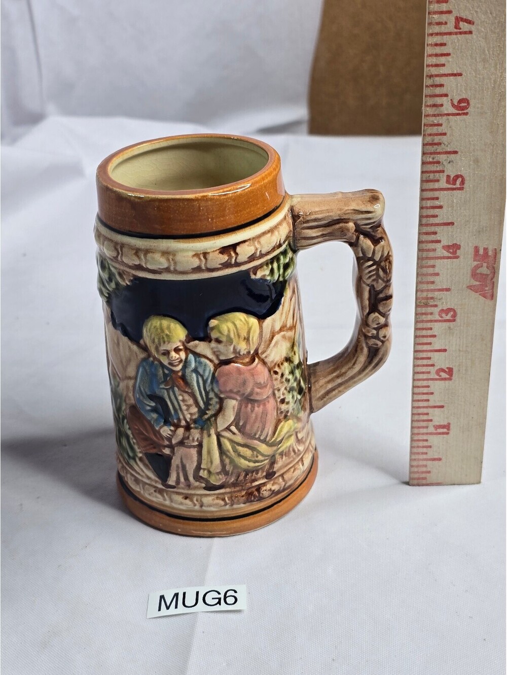 Vintage Japanese Ceramic Beer Stein 5.5" German Style Relief Courting Couple